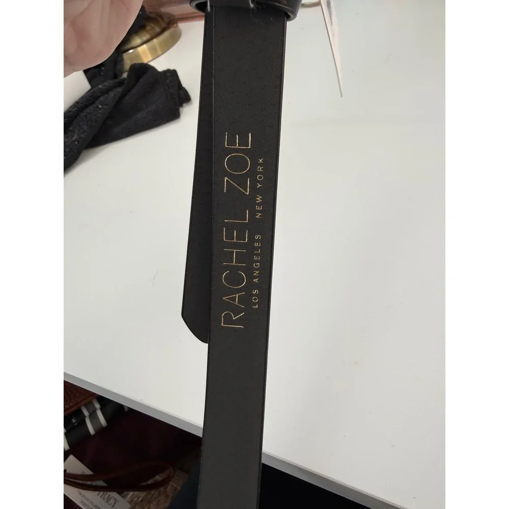 Rachel Zoe Black Leather Belt High Shine Gold Interlocking Chain Link L‎ NWT